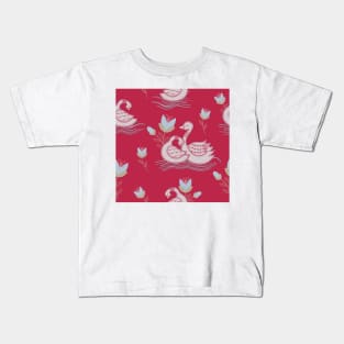 Viva magenta swans and flowers repeat pattern Kids T-Shirt